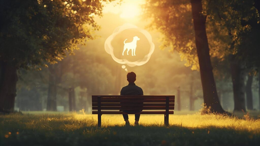 Mann sitzt auf einer Bank im Park und denkt an seinen verstorbenen Hund