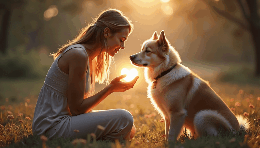 Frau sitzt mit Hund auf der Wiese und macht Tierkommunikation