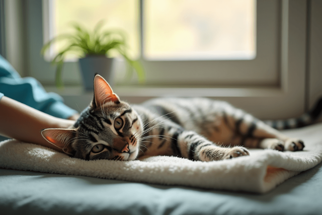 Alte Katze liegt ruhig auf einer weichen Decke beim Tierarzt – Würde und Frieden