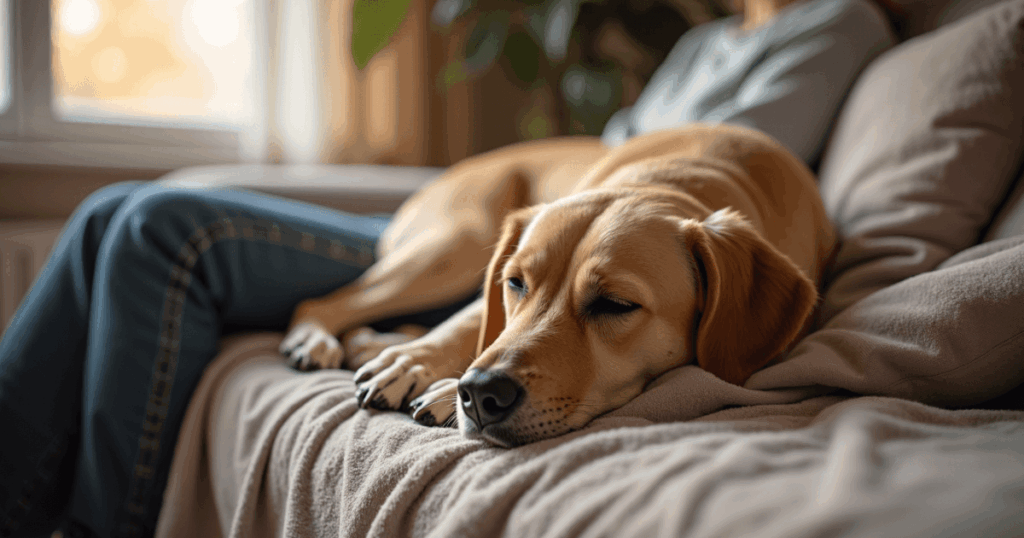 Senior Hund liegt auf Couch und Besitzerin denkt über Einschläferung nach