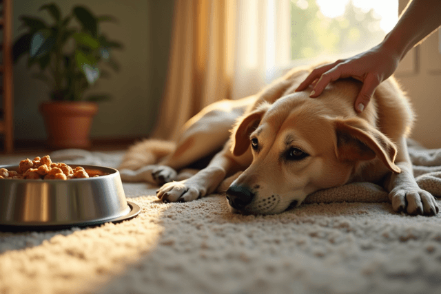 Alter Hund frisst nicht mehr. Älterer Hund ruht sich neben seinem Napf aus, während eine Hand ihn sanft streichelt