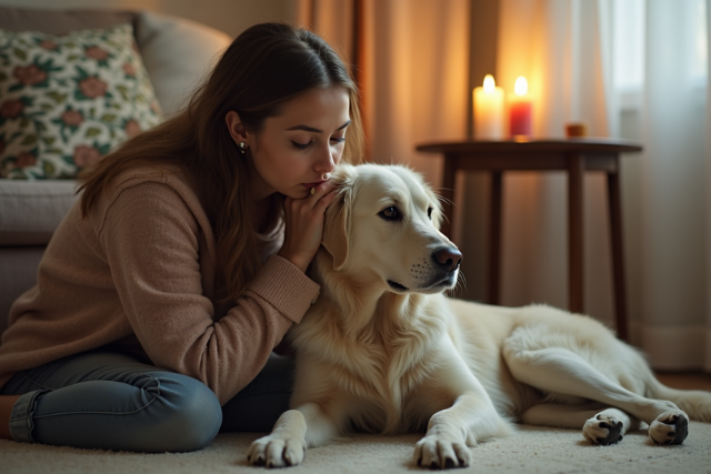 Frau sitzt eng an ihren alten Hund gelehnt in ruhiger Abendstimmung