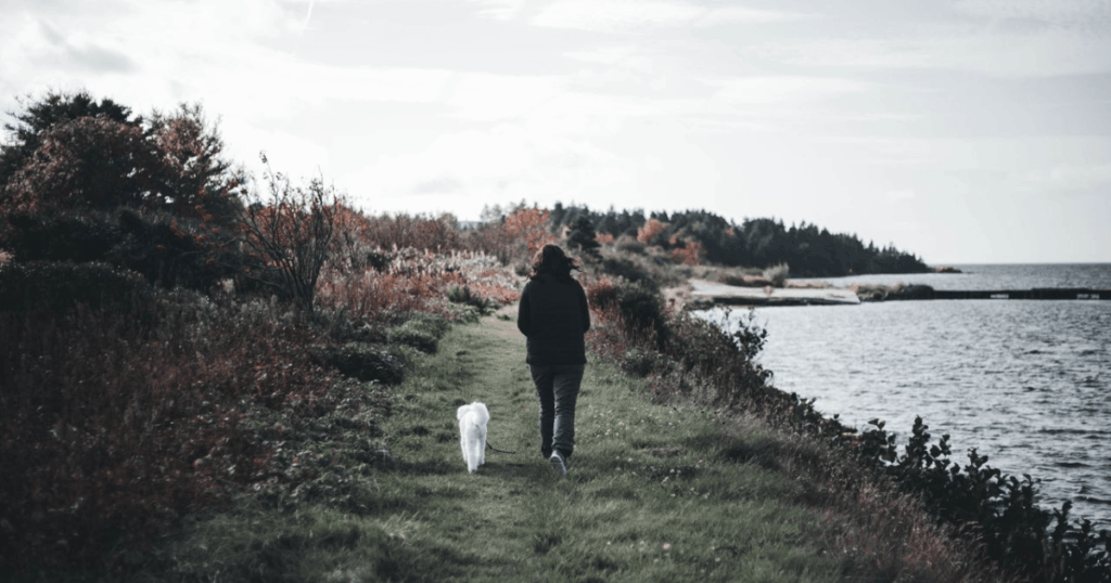 Frau geht mit Hund am Wasser entlang spazieren
