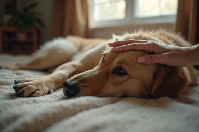 Hund einschläfern - Hand streichelt liebevoll einen alten Hund vor dem Einschläfern