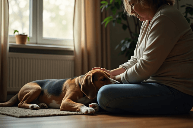Hund schläft friedlich im Schoß seines Menschen kurz vor dem Einschläfern