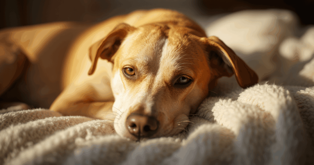 Ruhiger älterer Hund im warmen Licht, Warnzeichen beim Haustier erkennen