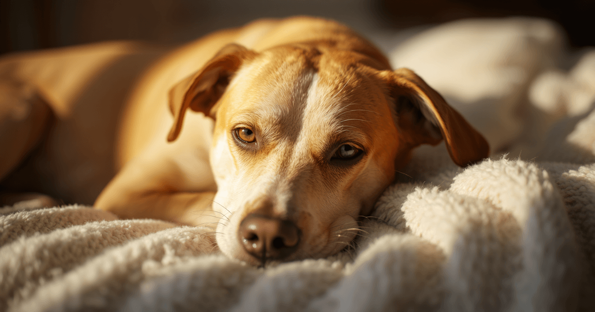 Ruhiger älterer Hund im warmen Licht, Warnzeichen beim Haustier erkennen